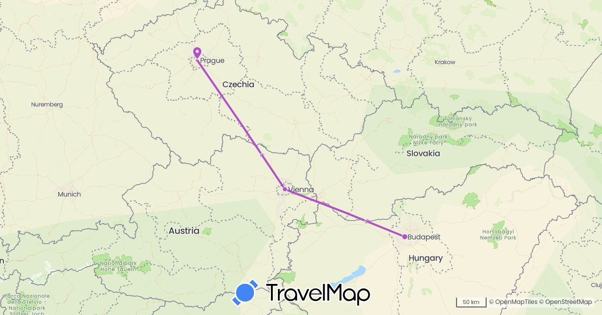 TravelMap itinerary: driving, train in Austria, Czech Republic, Hungary (Europe)